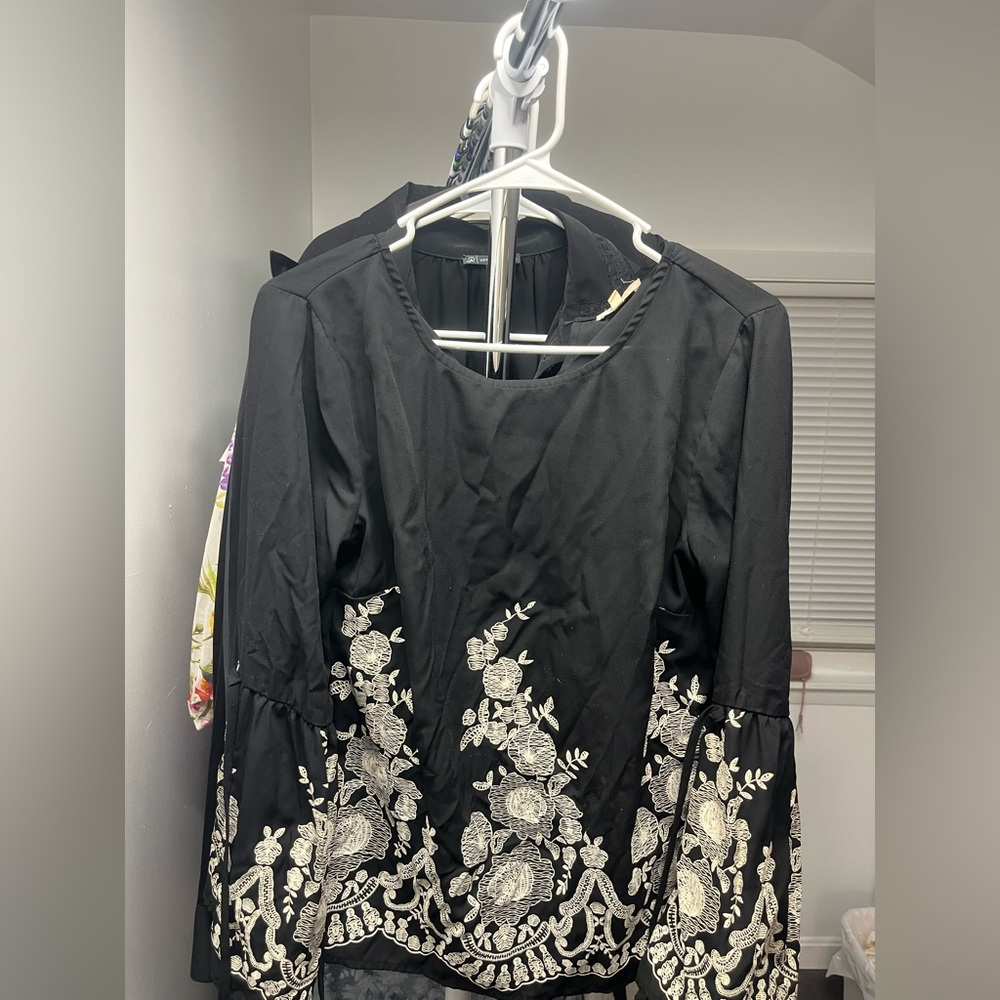 Maurices Black Blouse with White Floral Embroidery